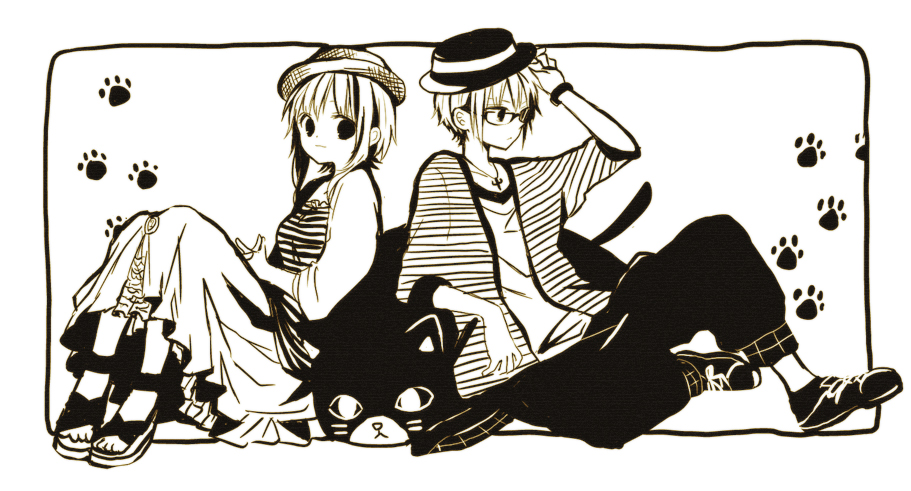 1boy 1girl adjusting_clothes adjusting_hat anzu_(o6v6o) cat_pillow cushion dual_persona genderswap genderswap_(ftm) glasses gumi gumiya hands_together hat jacket jewelry knee_up knees_up long_sleeves monochrome pants paw_print pendant sandals sepia shirt shoes short_sleeves sitting skirt striped striped_jacket striped_shirt vocaloid watch watch