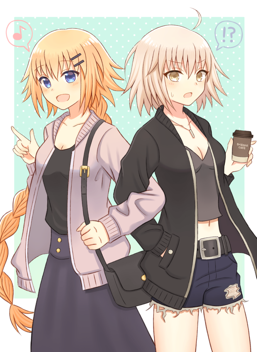 ! !? 2girls :d :o ? ahoge alternate_costume bag belt black_jacket black_shirt blonde_hair blue_eyes braid breasts cardigan casual cleavage collarbone commentary_request cup cutoff_jeans cutoffs cyaba_101 eyebrows_visible_through_hair fate/grand_order fate_(series) hair_ornament hairclip hand_in_pocket handbag highres holding holding_cup jacket jeanne_d'arc_(alter)_(fate) jeanne_d'arc_(fate) jeanne_d'arc_(fate)_(all) jewelry locked_arms long_braid long_hair long_skirt medium_breasts midriff multiple_girls musical_note navel necklace open_cardigan open_clothes open_mouth pointing purple_skirt shirt short_hair shorts silver_hair single_braid skirt smile speech_bubble spoken_exclamation_mark spoken_musical_note spoken_question_mark sweatdrop very_long_hair yellow_eyes