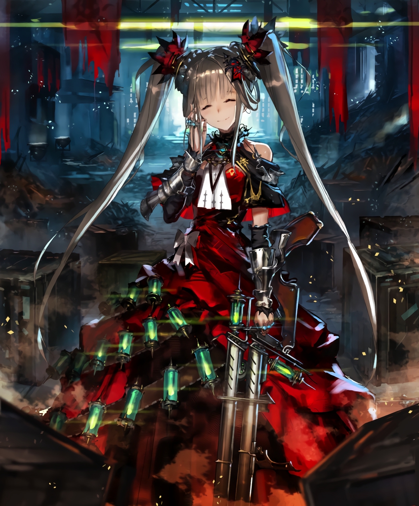 1girl ammunition_belt artist_request bare_shoulders bracer brown_hair canister cityscape closed_eyes cygames dress frilled_dress frills gun hair_ornament hand_on_own_cheek ilmisuna_arms_dealer jewelry long_hair official_art ribbon ring shadowverse shoulder_cutout smile twintails weapon