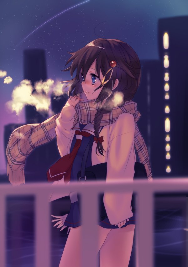 1girl bag black_hair black_skirt blue_eyes blurry braid breath building cowboy_shot depth_of_field hair_flaps hair_over_shoulder jacket kantai_collection looking_to_the_side malino_(dream_maker) meteor neckerchief night pleated_skirt railing red_neckwear remodel_(kantai_collection) school_bag school_uniform serafuku shigure_(kantai_collection) single_braid skirt sky sleeves_past_wrists solo standing star_(sky) starry_sky white_jacket