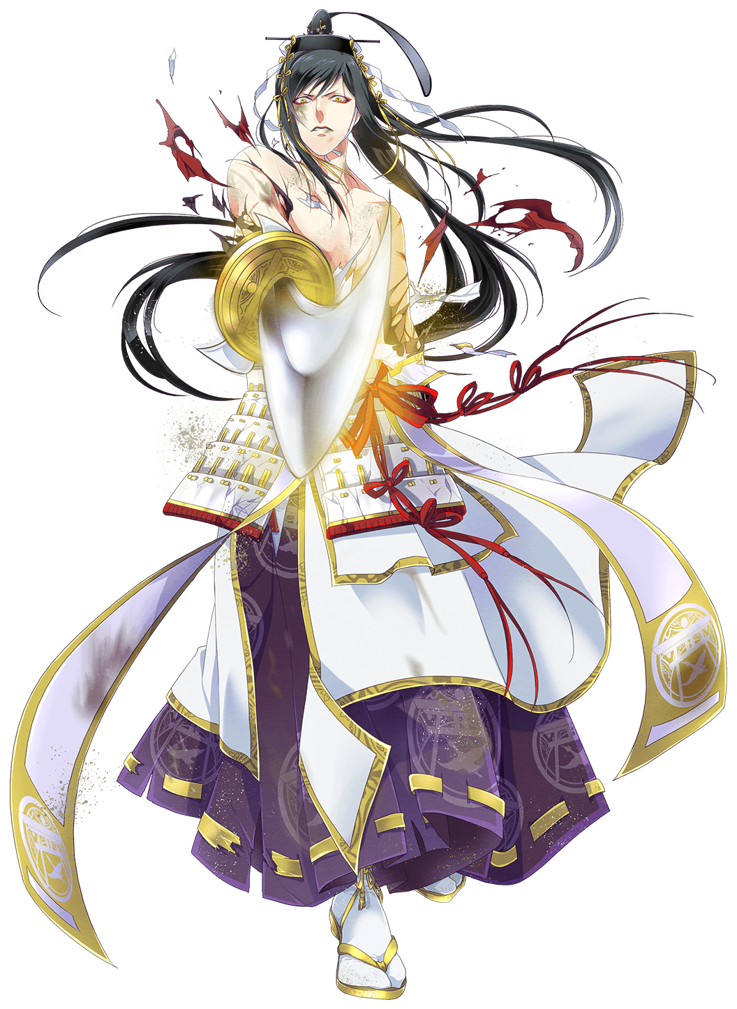 1boy armor black_hair foreshortening full_body hakama hat highres japanese_armor japanese_clothes kiwame_(touken_ranbu) long_hair male_focus official_art ootachi ponytail sandals shide shirtless sword tabi tarou_tachi torn_clothes touken_ranbu transparent_background uehara_(higanbachi) very_long_hair weapon yellow_eyes