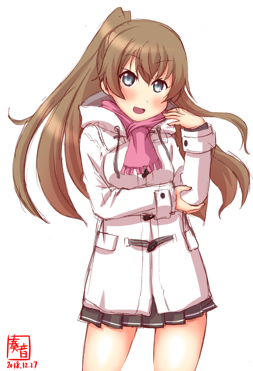 1girl alternate_costume arm_support artist_logo bare_legs blue_eyes blush breasts brown_hair coat cowboy_shot dated eyebrows_visible_through_hair grey_skirt hair_between_eyes highres hooded_coat kanon_(kurogane_knights) kantai_collection kumano_(kantai_collection) long_hair long_sleeves looking_at_viewer medium_breasts pink_scarf ponytail scarf signature simple_background skirt smile solo white_background white_coat