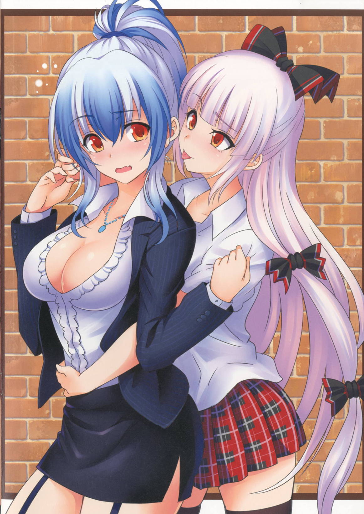 2girls :p alternate_costume alternate_eye_color alternate_hairstyle bangs black_bow black_coat black_legwear black_skirt blue_hair blush border bow breasts brick_wall cleavage coat contemporary cowboy_shot eyebrows_visible_through_hair fang fujiwara_no_mokou garter_straps hair_between_eyes hair_bow hand_in_another's_hair hand_up head_tilt highres hijikawa_arashi jewelry kamishirasawa_keine large_breasts letterboxed long_hair long_sleeves looking_at_viewer miniskirt multicolored_hair multiple_girls necklace open_clothes open_coat open_mouth orange_eyes outside_border pencil_skirt plaid plaid_skirt pleated_skirt ponytail red_skirt scan shirt short_sleeves side_slit sidelocks silver_hair skirt standing streaked_hair thigh-highs thighs tongue tongue_out touhou very_long_hair white_border white_shirt wing_collar yuri zettai_ryouiki