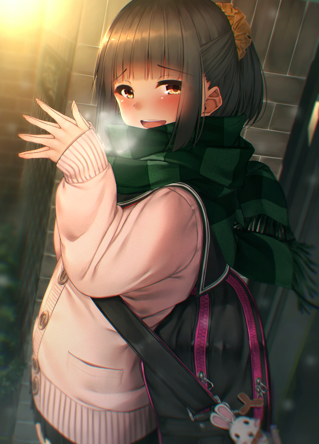 1girl :d backpack bag bangs black_hair black_sailor_collar black_skirt blunt_bangs blurry blush brick_wall brown_eyes bush buttons commentary_request depth_of_field dutch_angle eyebrows_visible_through_hair fringe_trim green_scarf hair_ornament hair_scrunchie hands_together hands_up highres light long_hair long_sleeves looking_at_viewer looking_to_the_side miniskirt open_mouth orange_scrunchie original outdoors pink_cardigan pleated_skirt rerrere sailor_collar scarf school_uniform scrunchie short_ponytail sidelocks skirt sleeves_past_wrists smile solo standing upper_body upper_teeth zipper zipper_pull_tab