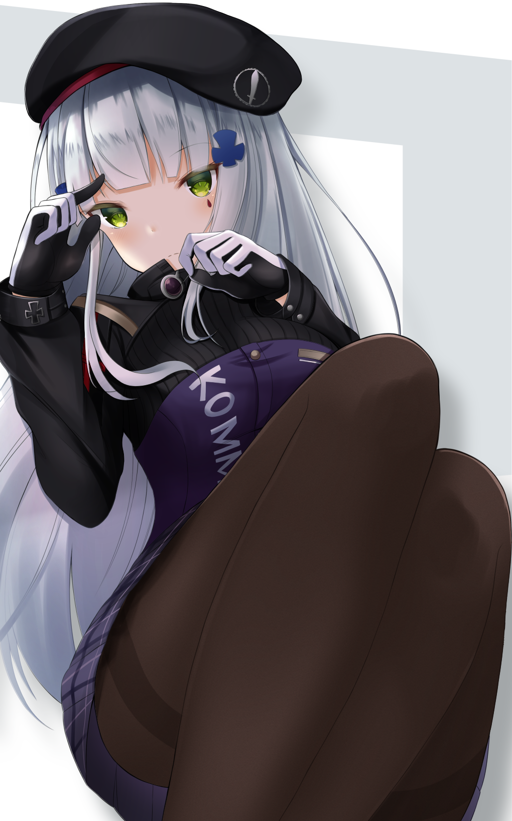 1girl ass bangs beret black_gloves black_hat black_legwear black_skirt black_sleeves blush breasts closed_mouth commentary_request doyachii eyebrows_visible_through_hair facial_mark feet_out_of_frame girls_frontline gloves green_eyes hands_up hat head_tilt highres hk416_(girls_frontline) knees_up large_breasts long_hair long_sleeves looking_at_viewer military military_uniform miniskirt pantyhose pleated_skirt purple_shirt raglan_sleeves shirt silver_hair skirt solo thighband_pantyhose two-tone_gloves uniform white_gloves