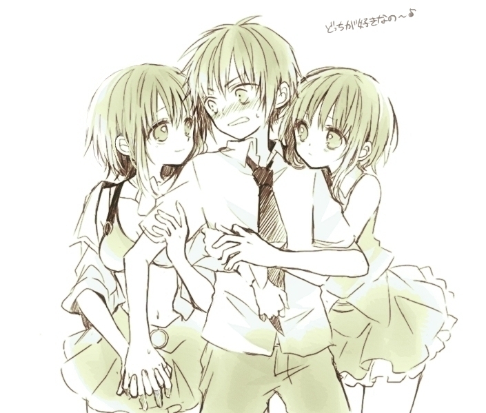 1boy 2girls anzu_(o6v6o) arm_grab bikini_top blush collared_shirt genderswap genderswap_(ftm) girl_sandwich green gumi gumiya hand_holding hetero hug hug_from_behind looking_at_another monochrome multiple_girls multiple_persona navel necktie nose_blush open_clothes open_shirt pants sandwiched selfcest shirt short_hair_with_long_locks short_sleeves simple_background smile sweatdrop translation_request v-shaped_eyebrows vocaloid white_background