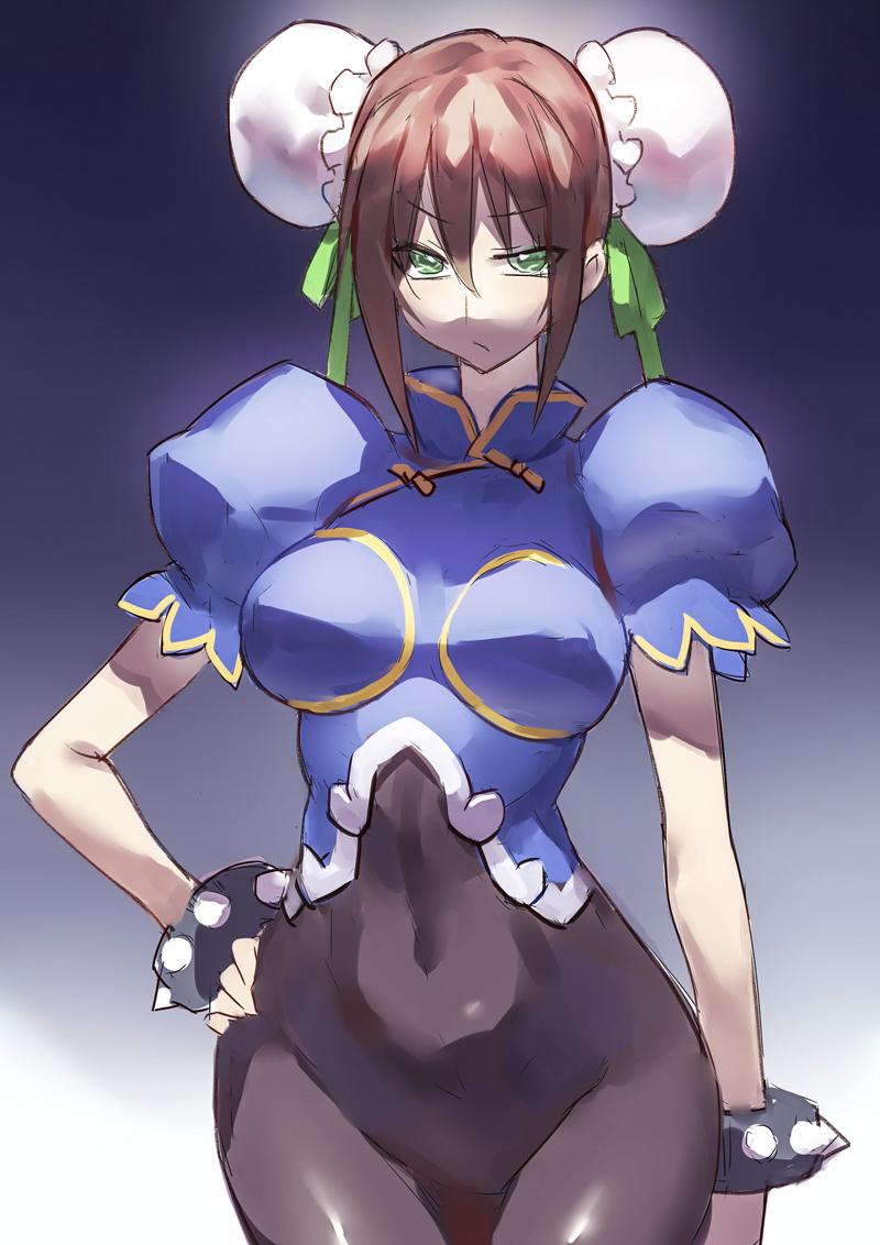 1girl alternate_hair_color bangs bodysuit bracelet breasts brown_hair bun_cover capcom chinese_clothes chun-li chun-li_(cosplay) commentary_request cosplay covered_navel crossover double_bun eyebrows_visible_through_hair fate/grand_order fate_(series) gold_trim green_eyes hand_on_hip jewelry medium_breasts puffy_sleeves qin_liangyu_(fate) short_sleeves sidelocks simple_background skin_tight solo spiked_bracelet spikes standing street_fighter toggles yostxxx