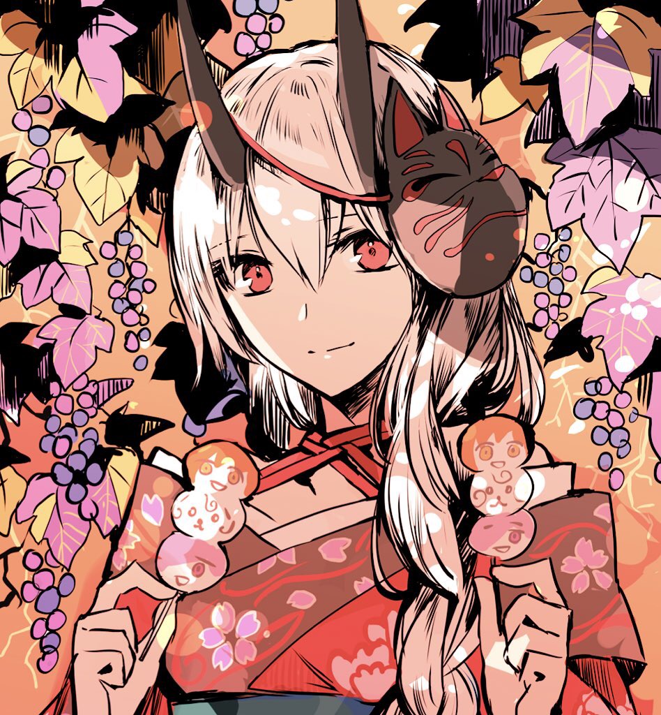 1girl braid closed_mouth dango fate/grand_order fate_(series) floral_print food fou_(fate/grand_order) fox_mask fujimaru_ritsuka_(female) hair_between_eyes hair_over_shoulder hands_up holding holding_food horns japanese_clothes kimono leaf looking_at_viewer maple_leaf mash_kyrielight mask mask_on_head obi red_eyes red_kimono rioka_(southern_blue_sky) sanshoku_dango sash silver_hair smile solo tomoe_gozen_(fate/grand_order) upper_body wagashi