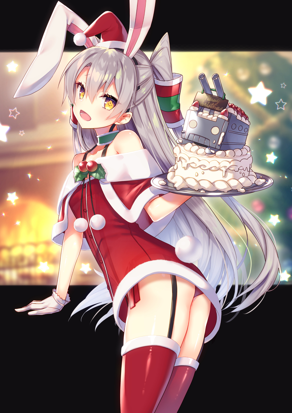 1girl :d amatsukaze_(kantai_collection) animal_ears ass bangs bare_shoulders blurry blurry_background cake choker christmas commentary_request depth_of_field dress fake_animal_ears food garter_straps gloves green_choker hair_between_eyes hair_tubes hand_up hat head_tilt highres holding kantai_collection long_hair looking_at_viewer looking_back off-shoulder_dress off_shoulder open_mouth panties pom_pom_(clothes) rabbit_ears red_dress red_hat red_legwear red_panties rensouhou-kun santa_hat sidelocks silver_hair smile star tahya thigh-highs tray turret two_side_up underwear very_long_hair white_gloves yellow_eyes