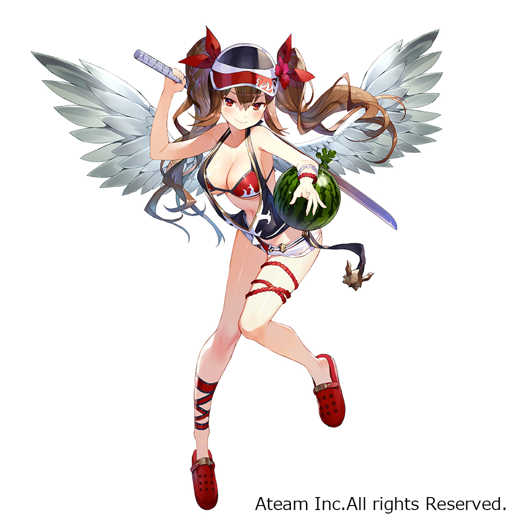 1girl angel_wings armpit_crease bangs bare_arms bare_shoulders bikini black_shirt blush breasts brown_hair cleavage closed_mouth collarbone feathered_wings flip-flops floating_hair flower food fruit full_body hair_between_eyes hair_flower hair_ornament hair_ribbon halterneck hand_up hat head_tilt holding holding_food holding_fruit holding_sword holding_weapon katana large_breasts leaning_forward leg_ribbon leg_up long_hair looking_at_viewer loose_clothes loose_shirt matsui_hiroaki navel official_art open_fly peaked_cap randgrid_(valkyrie_connect) red_bikini red_eyes red_flower red_footwear red_ribbon ribbon rope sandals shirt short_shorts shorts simple_background sleeveless sleeveless_shirt smile solo swimsuit sword twintails v-shaped_eyebrows valkyrie_connect watermark watermelon weapon white_background white_shorts wings wristband