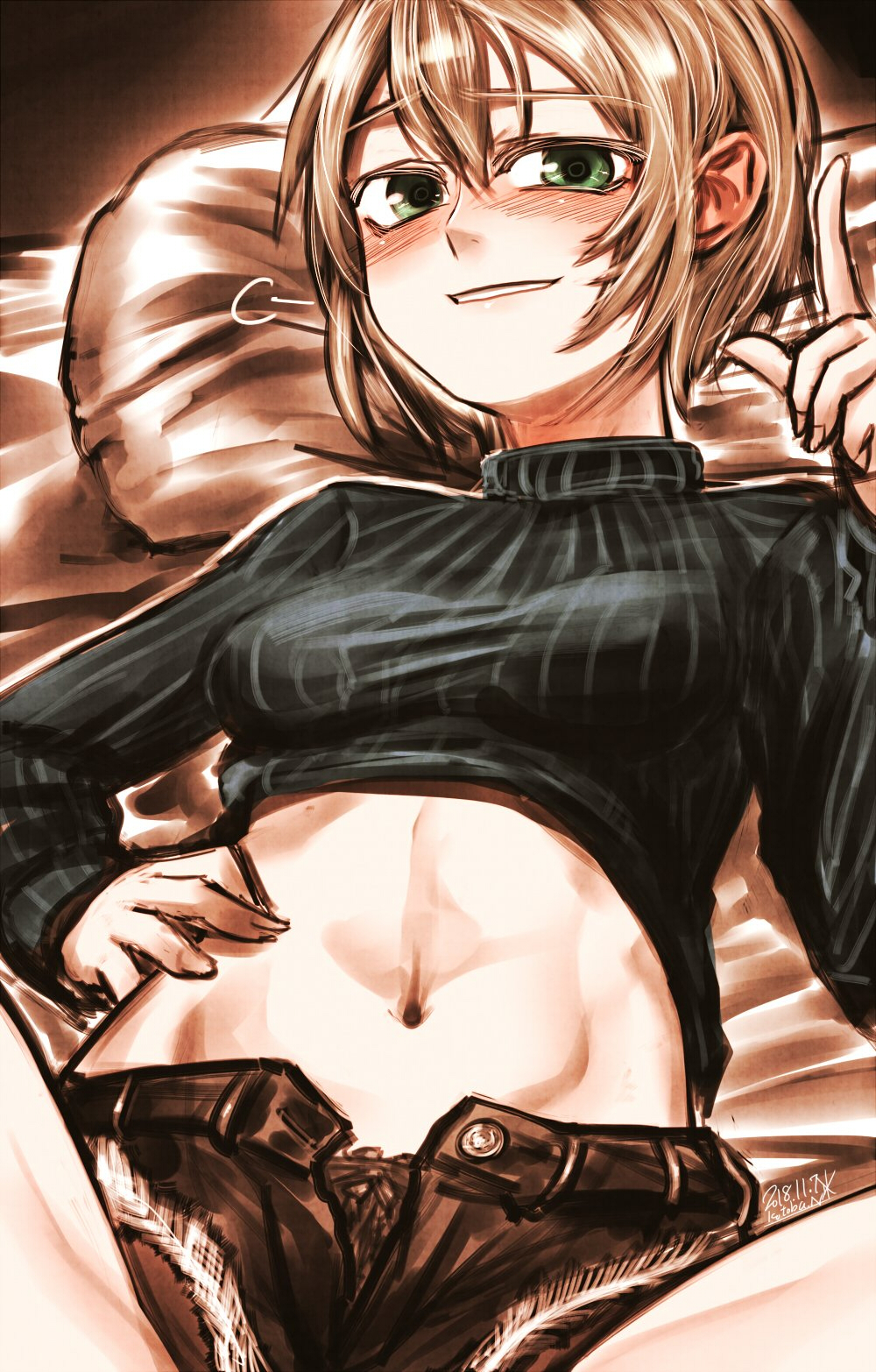 1girl =3 black_sweater blonde_hair blush brown_shorts dated eyebrows_visible_through_hair green_eyes hand_on_hip highres index_finger_raised kotoba_noriaki looking_at_viewer lying midriff navel on_back on_bed original pillow ribbed_sweater short_hair short_shorts shorts signature smile solo spread_legs sweater unbuttoned
