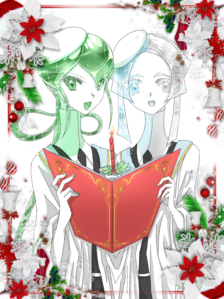 2others androgynous blue_eyes blue_hair book candle christmas colored_eyelashes crystal_hair easty euclase_(houseki_no_kuni) eyebrows_visible_through_hair eyes_visible_through_hair gem_uniform_(houseki_no_kuni) green_eyes green_hair grey_eyes hat heterochromia houseki_no_kuni jade_(houseki_no_kuni) long_hair looking_at_viewer multicolored_hair multiple_others necktie open_mouth robe short_hair silver_hair smile thick_eyebrows two-tone_hair upper_body white_eyes white_hair