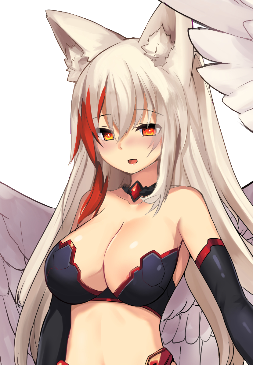 1girl :d animal_ear_fluff animal_ears bare_shoulders black_bra black_choker black_gloves blonde_hair blush bra breasts choker cleavage elbow_gloves eyebrows_visible_through_hair feathered_wings fox_ears gloves haik hair_between_eyes large_breasts long_hair looking_at_viewer open_mouth orange_eyes original simple_background smile solo two_side_up underwear upper_body white_background white_wings wings