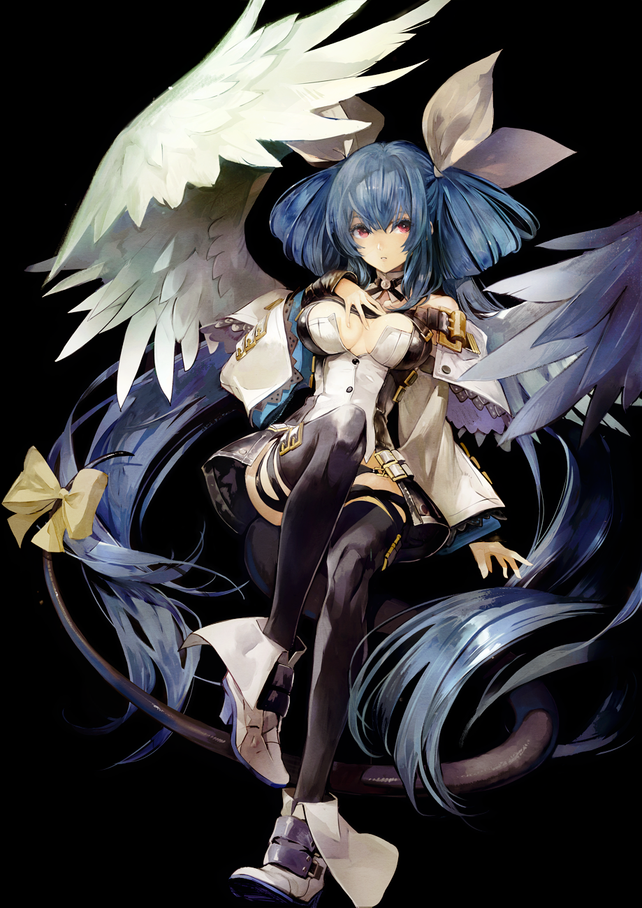 1girl asymmetrical_wings bangs banpai_akira bare_shoulders black_background black_legwear black_panties blue_hair breasts breasts_apart buttons detached_collar detached_sleeves dizzy feathered_wings full_body guilty_gear hair_between_eyes hair_ribbon hand_on_own_chest hand_up high_heels highres invisible_chair knee_up large_breasts leg_belt long_hair long_sleeves looking_up panties parted_lips red_eyes ribbon shirt shoes showgirl_skirt sidelocks simple_background sitting solo tail tail_ribbon thigh-highs twintails underwear very_long_hair white_footwear white_ribbon white_shirt wide_sleeves wings yellow_ribbon