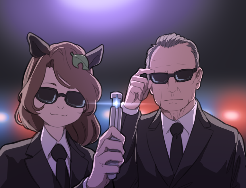 1boy 1girl :3 agent_k animal_ears brown_hair closed_mouth collared_shirt commentary formal futatsuiwa_mamizou grey_hair hand_on_eyewear leaf lens_flare light long_sleeves looking_at_viewer mefomefo men_in_black necktie neuralyzer raccoon_ears shirt short_hair suit sunglasses tommy_lee_jones touhou upper_body wing_collar