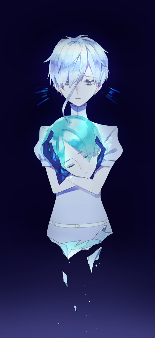 2others androgynous antarcticite aqua_hair blue_eyes broken closed_eyes colored_eyelashes crystal crystal_hair disembodied_head gem_uniform_(houseki_no_kuni) green_hair hair_over_one_eye houseki_no_kuni kohaku_989 long_bangs multiple_others necktie phosphophyllite short_hair white_hair