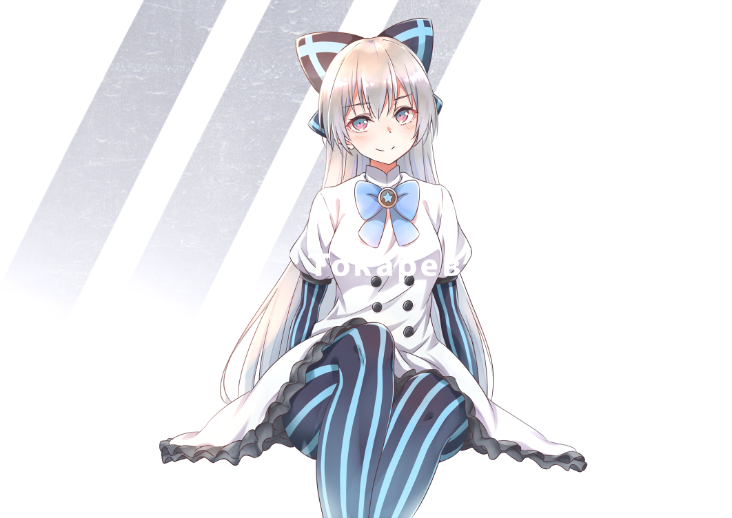 1girl bangs blue_neckwear blush bow breasts brooch character_name closed_mouth commentary_request cyrillic dress elbow_gloves eyebrows_visible_through_hair frilled_skirt frills girls_frontline gloves hair_between_eyes hair_bow jewelry long_hair looking_at_viewer medium_breasts pantyhose puffy_short_sleeves puffy_sleeves raguro red_eyes short_sleeves sidelocks silver_hair sitting skirt smile solo star striped striped_bow striped_gloves striped_legwear tokarev_(girls_frontline) vertical-striped_gloves vertical-striped_legwear vertical_stripes