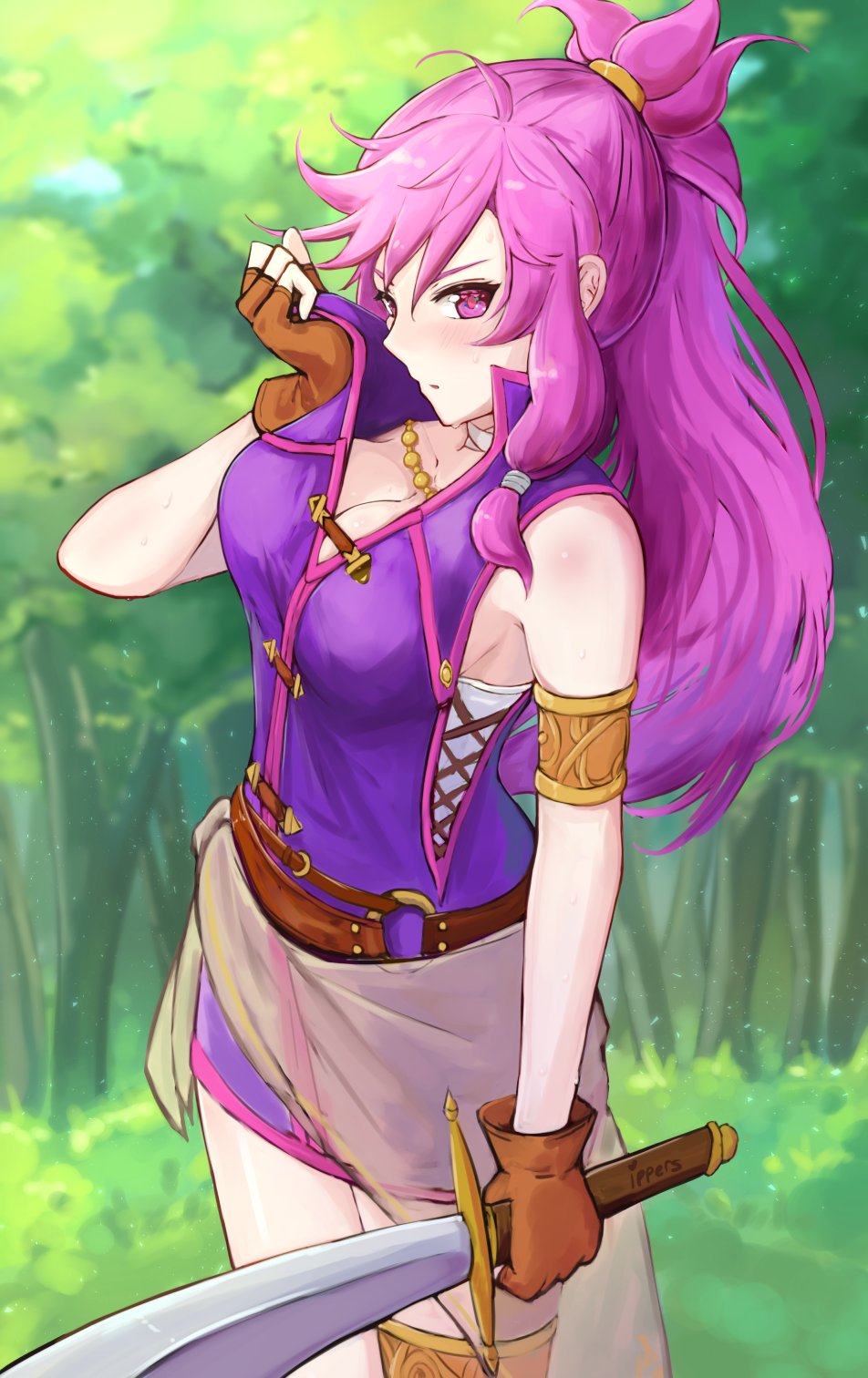1girl armlet artist_name bare_shoulders breasts brown_gloves cleavage closed_mouth dress fingerless_gloves fire_emblem fire_emblem:_seima_no_kouseki gloves highres holding holding_sword holding_weapon ippers long_hair marica_(fire_emblem) medium_breasts nintendo ponytail purple_hair short_dress sleeveless solo sword tree violet_eyes weapon