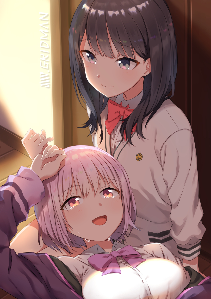 2girls :d black_hair blue_eyes blush bow bowtie cardigan closed_mouth commentary_request copyright_name eyebrows_visible_through_hair highres indoors long_sleeves multiple_girls open_mouth otousan952 pink_hair purple_neckwear red_eyes red_neckwear shinjou_akane shirt short_hair smile ssss.gridman takarada_rikka tears white_cardigan white_shirt