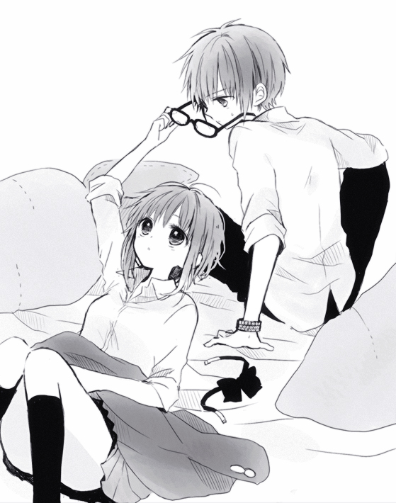 1boy 1girl anzu_(o6v6o) arm_up bed_sheet borrowed_garments bowtie_removed bracelet carrot_pillow collared_shirt dual_persona genderswap genderswap_(ftm) glasses greyscale gumi gumiya jacket jacket_removed jewelry looking_at_another monochrome pants removing_eyewear shirt sitting skirt sleeves_folded_up socks sweatdrop vocaloid