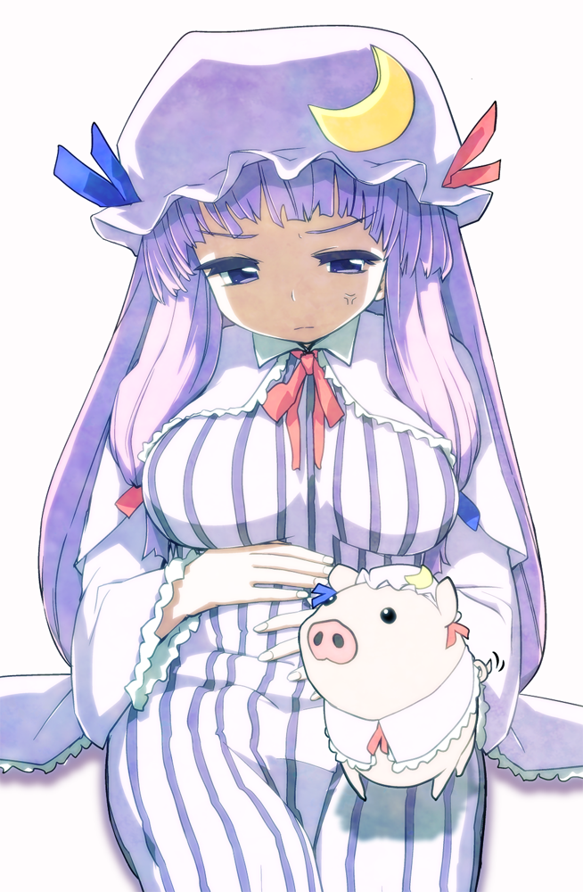 1girl anger_vein annoyed blue_ribbon chinese_zodiac collared_dress commentary_request cosplay crescent hat hat_ribbon long_hair long_sleeves looking_down on_lap patchouli_knowledge patchouli_knowledge_(cosplay) pig purple_hair red_neckwear red_ribbon ribbon shaded_face shirt sitting striped tail_wagging tani_takeshi touhou vertical_stripes very_long_hair violet_eyes wide_sleeves year_of_the_pig