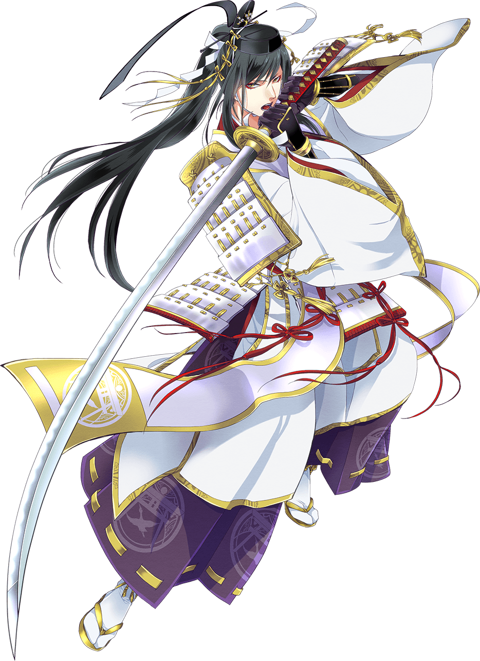 1boy armor black_gloves black_hair fighting_stance full_body gloves hakama hat highres japanese_armor japanese_clothes kiwame_(touken_ranbu) long_hair male_focus official_art ootachi open_mouth ponytail sandals shide shoulder_armor sode sword tabi tarou_tachi touken_ranbu transparent_background uehara_(higanbachi) very_long_hair weapon yellow_eyes