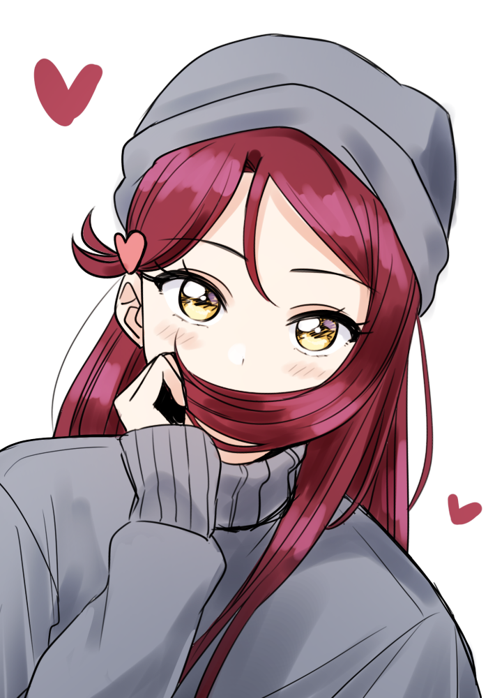 1girl blush covering_mouth deadnooodles grey_hat grey_shirt hair_ornament hair_over_mouth hat heart heart_hair_ornament long_hair long_sleeves looking_at_viewer love_live! love_live!_sunshine!! redhead sakurauchi_riko shirt simple_background solo turtleneck upper_body white_background yellow_eyes