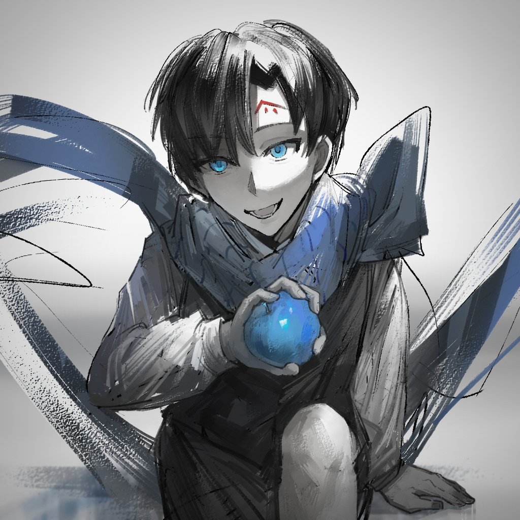 1boy black_hair black_shorts black_vest blue_apple blue_scarf demian_(project_moon) facial_mark food forehead_mark fruit holding holding_food holding_fruit knee_up limbus_company male_focus open_mouth project_moon s661479361148 scarf shorts smile solo vest