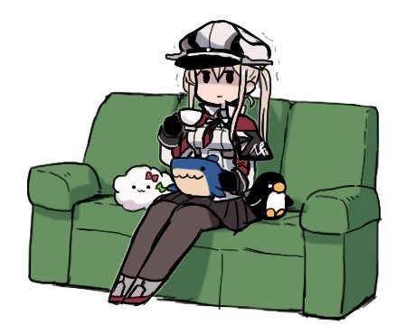 1girl black_gloves black_legwear blonde_hair capelet coffee_cup commentary_request couch cup disposable_cup failure_penguin gloves graf_zeppelin_(kantai_collection) hat kantai_collection long_hair lowres miss_cloud necktie pantyhose peaked_cap sidelocks simple_background sitting solid_oval_eyes stuffed_animal stuffed_shark stuffed_toy terrajin trembling twintails white_background