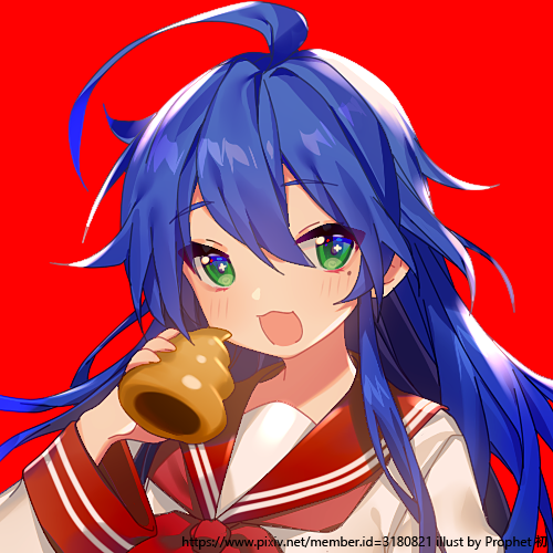 1girl :d ahoge bangs blue_hair blush commentary_request eyebrows_visible_through_hair food green_eyes hair_between_eyes hand_up head_tilt holding holding_food izumi_konata long_hair long_sleeves lowres lucky_star open_mouth prophet_chu red_background red_neckwear red_sailor_collar sailor_collar shirt simple_background smile solo upper_body very_long_hair white_shirt