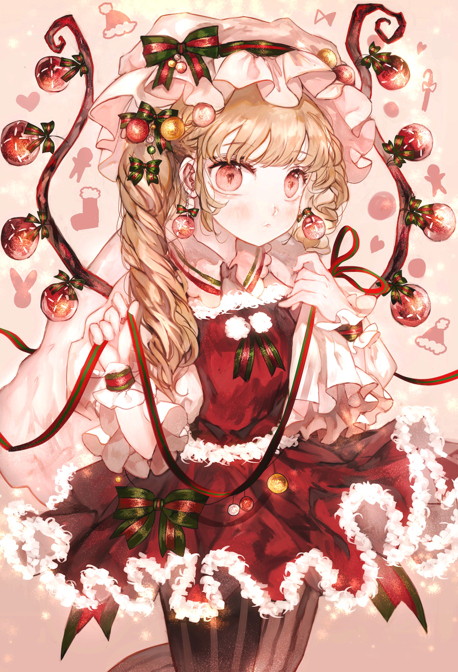 1girl alternate_hairstyle arms_up blonde_hair braid christmas_ornaments christmas_stocking commentary_request cowboy_shot embellished_costume expressionless eyelashes flandre_scarlet fur-trimmed_skirt fur-trimmed_vest fur_trim gingerbread_man hair_ornament hat hat_ribbon heart highres holding holding_ribbon leg_lift light_blush long_sleeves looking_at_viewer majamari mob_cap pantyhose pink_background red_eyes red_skirt red_vest ribbon santa_hat shirt short_hair side_braid skirt solo standing striped striped_legwear striped_ribbon touhou vest white_shirt wings wrist_cuffs