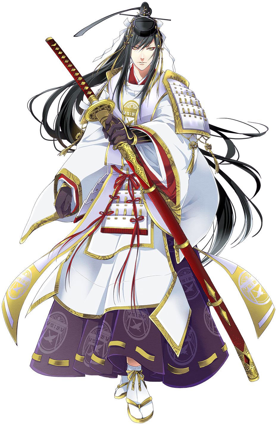 1boy armor black_gloves black_hair full_body gloves hakama hat highres japanese_armor japanese_clothes kiwame_(touken_ranbu) long_hair male_focus official_art ootachi ponytail sandals shide shoulder_armor sode sword tabi tarou_tachi touken_ranbu transparent_background uehara_(higanbachi) very_long_hair weapon yellow_eyes