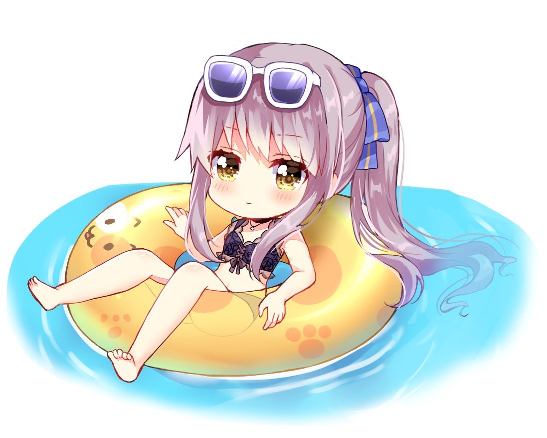 1girl :| afloat bang_dream! bangs barefoot bikini black_bikini black_choker blue_ribbon blush choker closed_mouth commentary_request eyewear_on_head grey_hair hair_ribbon hair_up innertube minato_yukina nameneko_(124) paw_print ponytail ribbon sidelocks sitting solo striped striped_ribbon sunglasses swimsuit water yellow_eyes