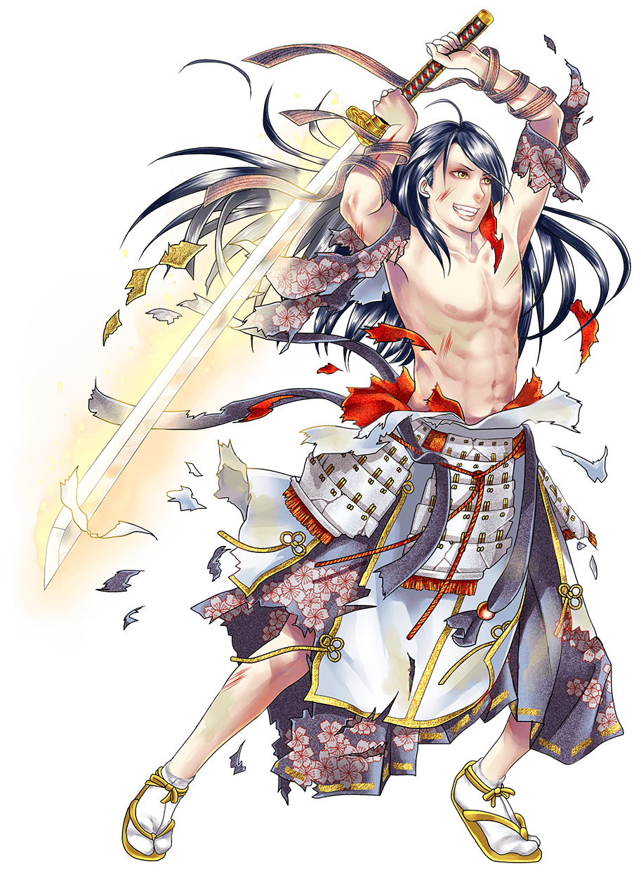 1boy abs armor black_hair blood full_body grin hakama highres injury japanese_armor japanese_clothes jirou_tachi kiwame_(touken_ranbu) long_hair male_focus official_art ootachi sandals shirtless smile sword tabi tomida_tomomi toned toned_male torn_clothes touken_ranbu transparent_background weapon yellow_eyes