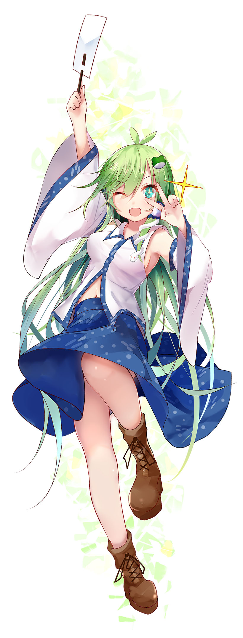 +_+ 1girl ;d aqua_eyes arm_up bangs blue_skirt boots breasts brown_footwear collared_shirt cross-laced_footwear detached_sleeves efe eyebrows_visible_through_hair frog_hair_ornament gohei green_hair hair_ornament hair_tubes highres kochiya_sanae lace-up_boots long_hair looking_at_viewer medium_breasts navel one_eye_closed open_mouth shirt simple_background skirt smile snake_hair_ornament solo sparkle standing standing_on_one_leg touhou v v_over_eye very_long_hair white_background white_shirt wide_sleeves wing_collar