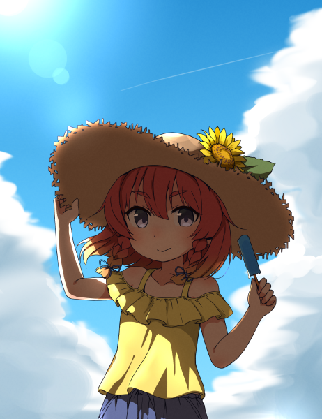 1girl aki_inu alternate_costume bangs blonde_hair blue_sky blush braid closed_mouth clouds commentary_request day dress etorofu_(kantai_collection) eyebrows_visible_through_hair flower food gradient_hair hair_between_eyes hat kantai_collection looking_at_viewer multicolored_hair orange_hair outdoors popsicle shirt sky sleeveless sleeveless_shirt smile solo standing straw_hat sunflower thick_eyebrows twin_braids