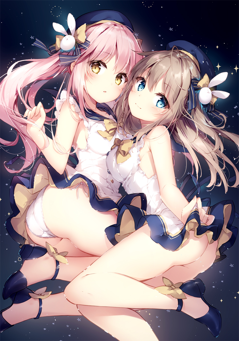 2girls :o ahoge armpit_crease ass bangs bare_arms bare_legs bare_shoulders beret blue_eyes blue_footwear blue_hat blue_ribbon blue_sailor_collar bow bowtie breasts brown_hair bunny_hair_ornament buttons closed_mouth dress eyebrows_visible_through_hair floating_hair frilled_dress frills hair_ornament hair_ribbon hand_up hat head_tilt high_heels legs_up long_hair looking_at_viewer medium_breasts mochizuki_shiina multiple_girls original panties parted_lips pink_hair ribbon sailor_collar sailor_dress side-tie_panties sidelocks skirt_hold sleeveless sleeveless_dress smile star starry_background striped striped_ribbon thighs twintails underwear white_dress white_panties yellow_eyes yellow_neckwear yellow_ribbon