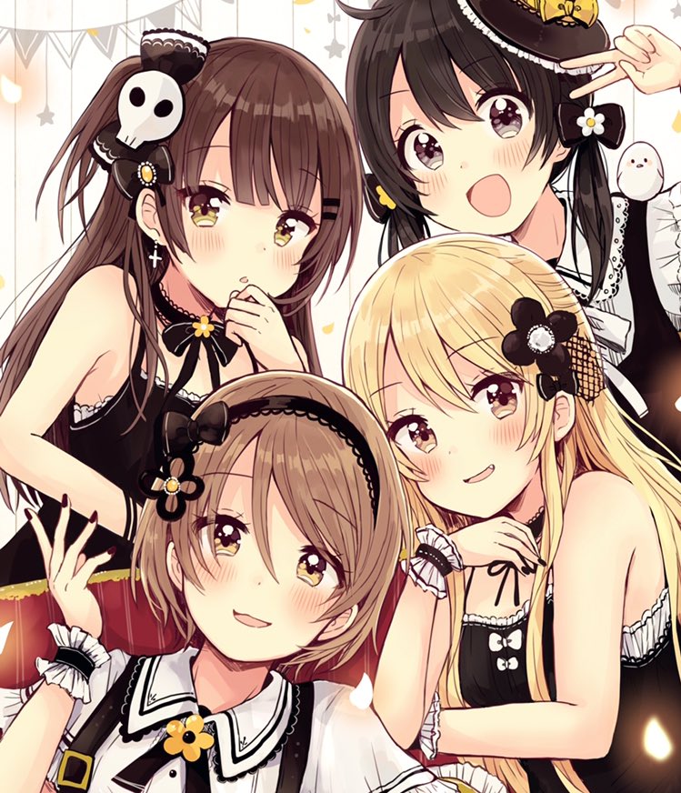 4girls :d :o bangs bare_shoulders black_bow black_dress black_flower black_hairband blonde_hair blush bow brown_eyes brown_hair collared_shirt dress eyebrows_visible_through_hair fang fingernails flower hair_between_eyes hair_bow hair_flower hair_ornament hairband hand_up head_tilt long_hair low_twintails multiple_girls nail_polish one_side_up open_mouth original parted_lips pennant red_nails sakura_oriko shirt short_hair short_sleeves skull_hair_ornament sleeveless sleeveless_dress smile string_of_flags twintails v very_long_hair white_shirt wrist_cuffs