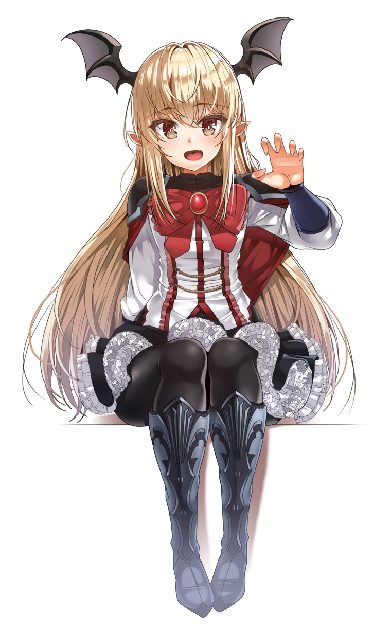 1girl :d alternate_eye_color arm_support bangs bat_wings black_capelet black_legwear black_skirt blonde_hair brooch capelet collared_shirt eyebrows_visible_through_hair fangs flower frilled_skirt frills full_body granblue_fantasy hair_between_eyes head_wings highres jewelry layered_skirt lhu_(barappra1) long_hair long_sleeves looking_at_viewer miniskirt open_mouth pantyhose pointy_ears red_flower red_rose rose shingeki_no_bahamut shiny shiny_clothes shirt sitting skirt smile solo vampire vampy white_shirt wings yellow_eyes