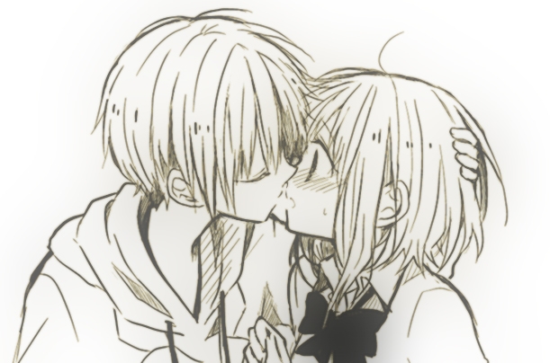 1boy 1girl ahoge anzu_(o6v6o) blush bow bowtie closed_eyes collared_shirt drawstring dual_persona genderswap genderswap_(ftm) greyscale gumi gumiya hand_on_another's_head head_grab hetero hood hood_down hoodie imminent_kiss monochrome open_mouth selfcest shirt short_hair_with_long_locks sweatdrop upper_body vocaloid