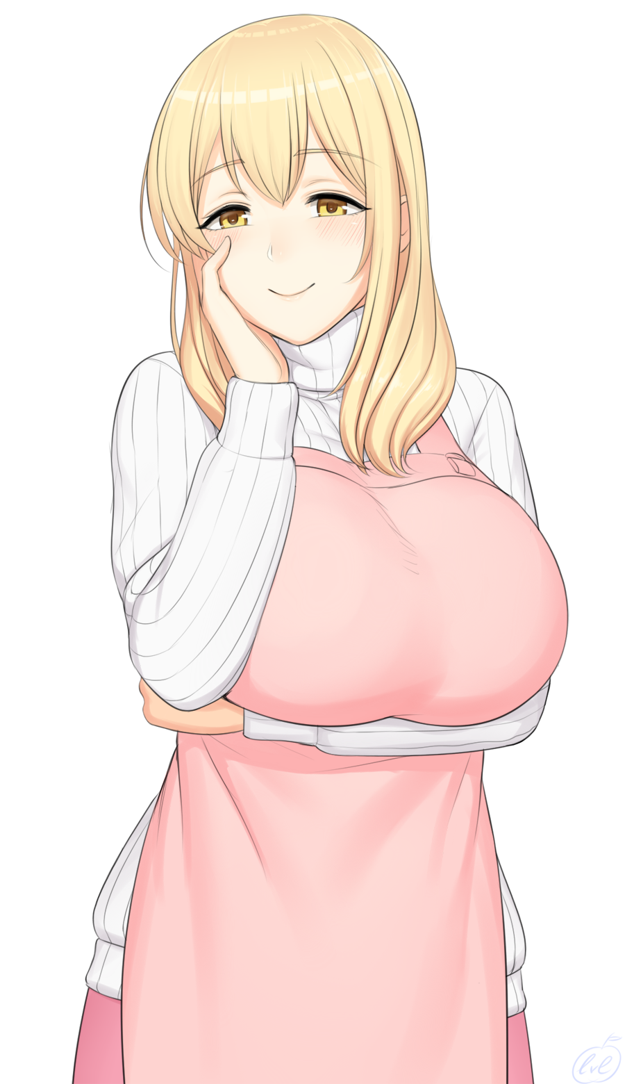 1girl apple apron arm_under_breasts blonde_hair blush breasts brown_eyes commentary commentary_request food fruit hand_on_own_face highres huge_breasts long_hair looking_at_viewer lvl_(sentrythe2310) mature raised_eyebrows ribbed_sweater simple_background smile solo sunohara_ayaka sunoharasou_no_kanrinin-san sweater white_background