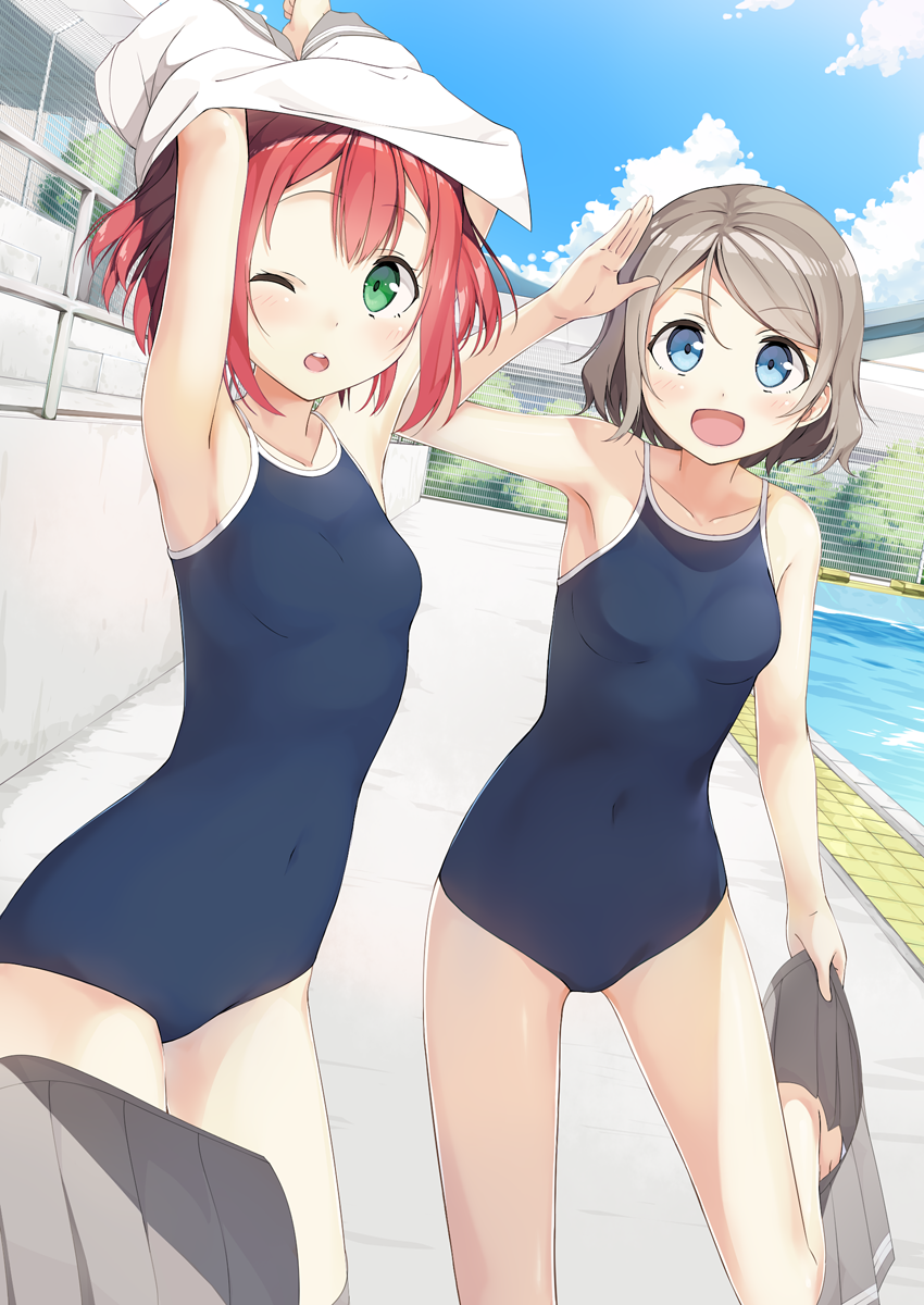 2girls blue_eyes blue_sky blue_swimsuit blush breasts brown_hair chain-link_fence clouds cloudy_sky competition_swimsuit day fence green_eyes grey_hair highres kurosawa_ruby looking_at_viewer love_live! love_live!_sunshine!! multiple_girls one-piece_swimsuit one_eye_closed open_mouth outdoors pool pool_ladder poolside redhead salute school_swimsuit shirt shirt_pull short_hair skirt skirt_removed sky small_breasts smile swimsuit tsubure_manjuu two_side_up undressing watanabe_you water