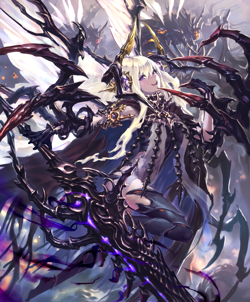 1girl :d animal artist_request bug carapace claws cloak cygames feathered_wings fly giant_insect gold_trim hair_ornament holding holding_sword holding_weapon horns huge_weapon insect leg_lift long_hair looking_at_viewer official_art open_mouth oversized_animal shadowverse smile sword thigh-highs very_long_hair violet_eyes weapon white_hair wings zebet_lady_of_the_flies