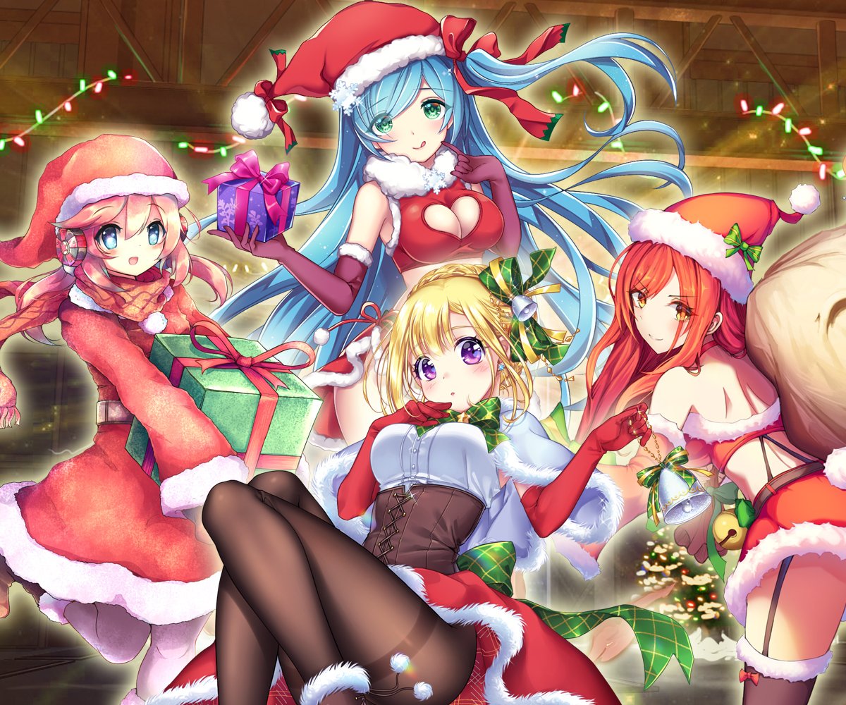 4girls :d :o :q armor_blitz armpit_peek ass back bangs bare_shoulders bell belt bent_over black_legwear blonde_hair blue_eyes blue_hair blush boots bow bowtie box breasts brown_footwear bunny_tail buttons capelet choker christmas christmas_lights christmas_tree cleavage cleavage_cutout closed_mouth crop_top detached_sleeves dress earmuffs elbow_gloves eyebrows_visible_through_hair floating_hair from_behind fur-trimmed_capelet fur-trimmed_dress fur-trimmed_gloves fur-trimmed_skirt fur-trimmed_sleeves fur_trim garter_straps gift gift_box gloves glowing green_eyes green_neckwear green_ribbon hair_between_eyes hair_ribbon hands_up hat heart_cutout holding holding_gift holding_sack kibii_mocha knees_up large_breasts leg_up light_rays long_hair long_sleeves looking_at_viewer looking_back medium_breasts midriff miniskirt multiple_girls namie-kun official_art okazu_(eightstudio) one_side_up open_mouth orange_eyes pantyhose parted_lips pink_hair pinky_out pom_pom_(clothes) red_choker red_dress red_gloves red_hat red_ribbon red_scarf red_shirt red_skirt redhead ribbon sack santa_costume santa_hat scarf shirt short_hair shoulder_blades sidelocks skirt sleeveless sleeveless_shirt smile snowflakes standing standing_on_one_leg star swept_bangs tail tareme tenmuki thigh-highs thighband_pantyhose thighs tongue tongue_out underbust violet_eyes white_capelet white_legwear white_shirt wide_sleeves zettai_ryouiki