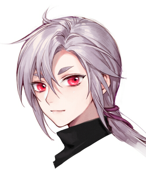 1boy androgynous black_sweater closed_mouth hair_between_eyes kangetsu_(fhalei) light_smile looking_at_viewer male_focus original ponytail portrait red_eyes silver_hair simple_background solo sweater white_background