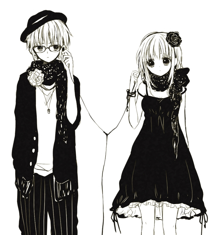 1boy 1girl adjusting_earphones anzu_(o6v6o) arm_at_side bangs bracelet corsage dress dual_persona earphones expressionless flower genderswap genderswap_(ftm) glasses gumi gumiya hair_flower hair_ornament hat high_contrast jacket jewelry light_frown monochrome pants pendant scarf shared_earphones shirt short_hair_with_long_locks simple_background strap_slip striped vertical-striped_pants vertical_stripes vocaloid white_background