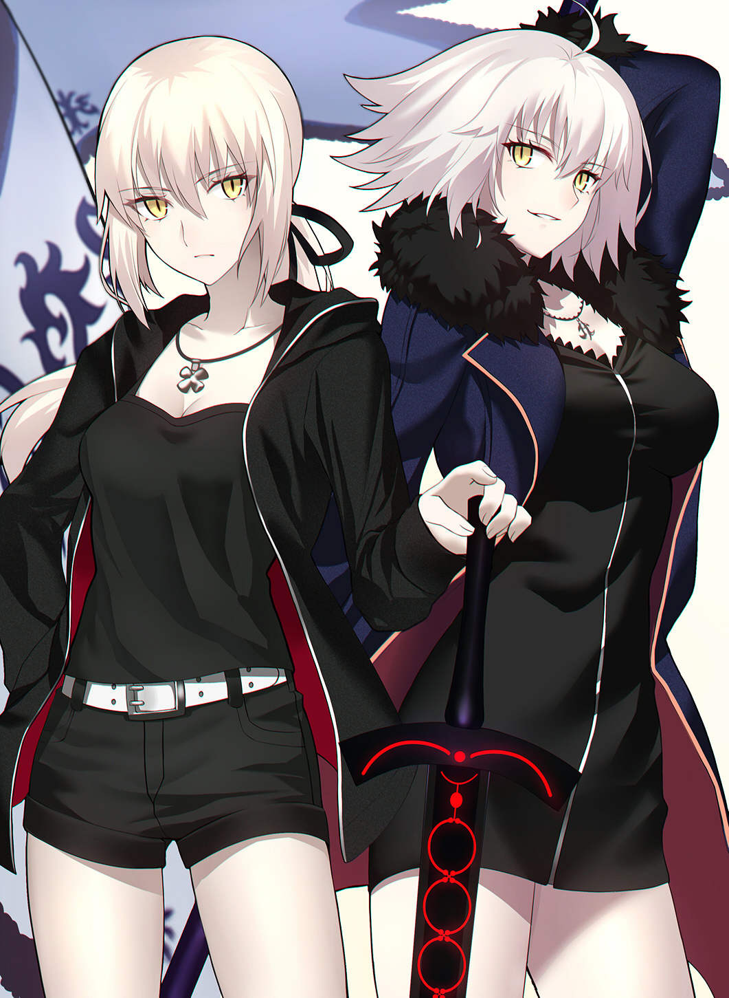 2girls ahoge arm_up artoria_pendragon_(all) banner belt black_dress black_jacket black_shorts black_tank_top blonde_hair blue_coat breasts closed_mouth coat dark_excalibur dress fate/grand_order fate_(series) fur-trimmed_coat fur_trim highres jacket jeanne_d'arc_(alter)_(fate) jeanne_d'arc_(fate)_(all) jewelry large_breasts looking_at_viewer multiple_girls necklace open_clothes open_coat open_jacket open_mouth saber_alter shiguru short_dress short_hair shorts slit_pupils sword thighs tied_hair weapon white_background wicked_dragon_witch_ver._shinjuku_1999 yellow_eyes