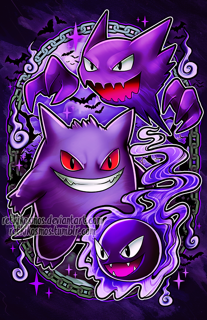 abstract_background bat black_eyes chains clouds commentary creature creatures_(company) english_commentary evil_smile evolution fangs flying full_body game_freak gastly gen_1_pokemon gengar ghost grin haunter looking_at_viewer nintendo no_humans pokemon pokemon_(creature) purple purple_background red_sclera retkikosmos sharp_teeth smile teeth watermark web_address