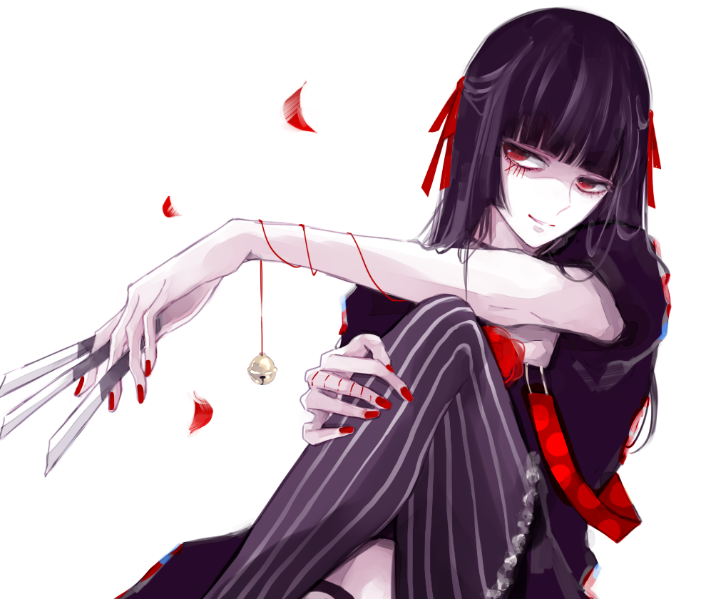 1boy androgynous bangs bell black_hair commentary_request crossdressinging fingernails flower hair_ornament hairband holding holding_weapon kenkoumineral13 knife long_hair looking_to_the_side male_focus nail_polish pantyhose red_eyes red_flower red_nails red_rose roman_numerals rose simple_background sitting smile solo stitched_face stitches string striped striped_legwear suspenders suspenders_hanging suzuya_juuzou throwing_knife tokyo_ghoul tokyo_ghoul:re weapon white_background wig