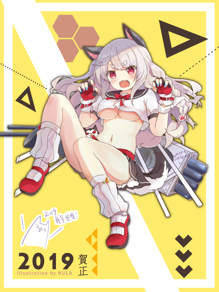 1girl 2019 animal_ears azur_lane bangs belt belt_buckle black_skirt braid breasts buckle claw_pose crop_top crop_top_overhang fangs fingerless_gloves gloves kkkula_(kula) multicolored multicolored_nails nail_polish new_year pleated_skirt red_belt red_gloves rigging short_eyebrows side_braid skirt tail thick_eyebrows under_boob wolf_ears wolf_tail yuudachi_(azur_lane)